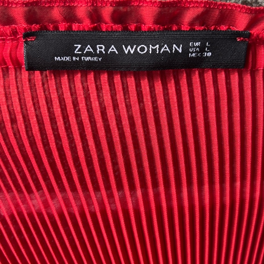 Zara Red Top Sheer Flowy Blouse Flirty Long Sleeve Pleated Off the Shoulder - Picture 3 of 6